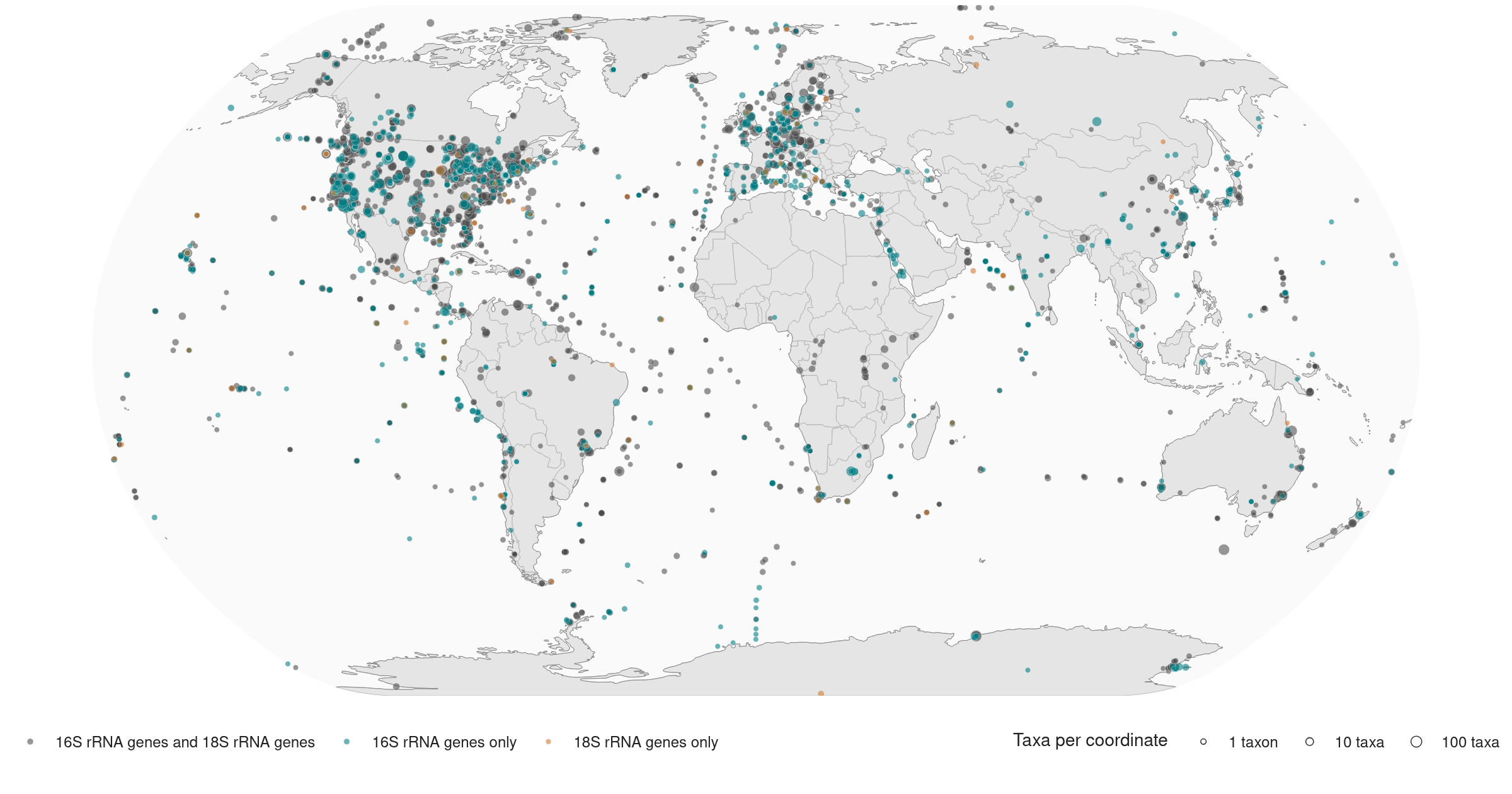 World map of available IMG sampling coordinates, grouped by rRNA gene marker membership